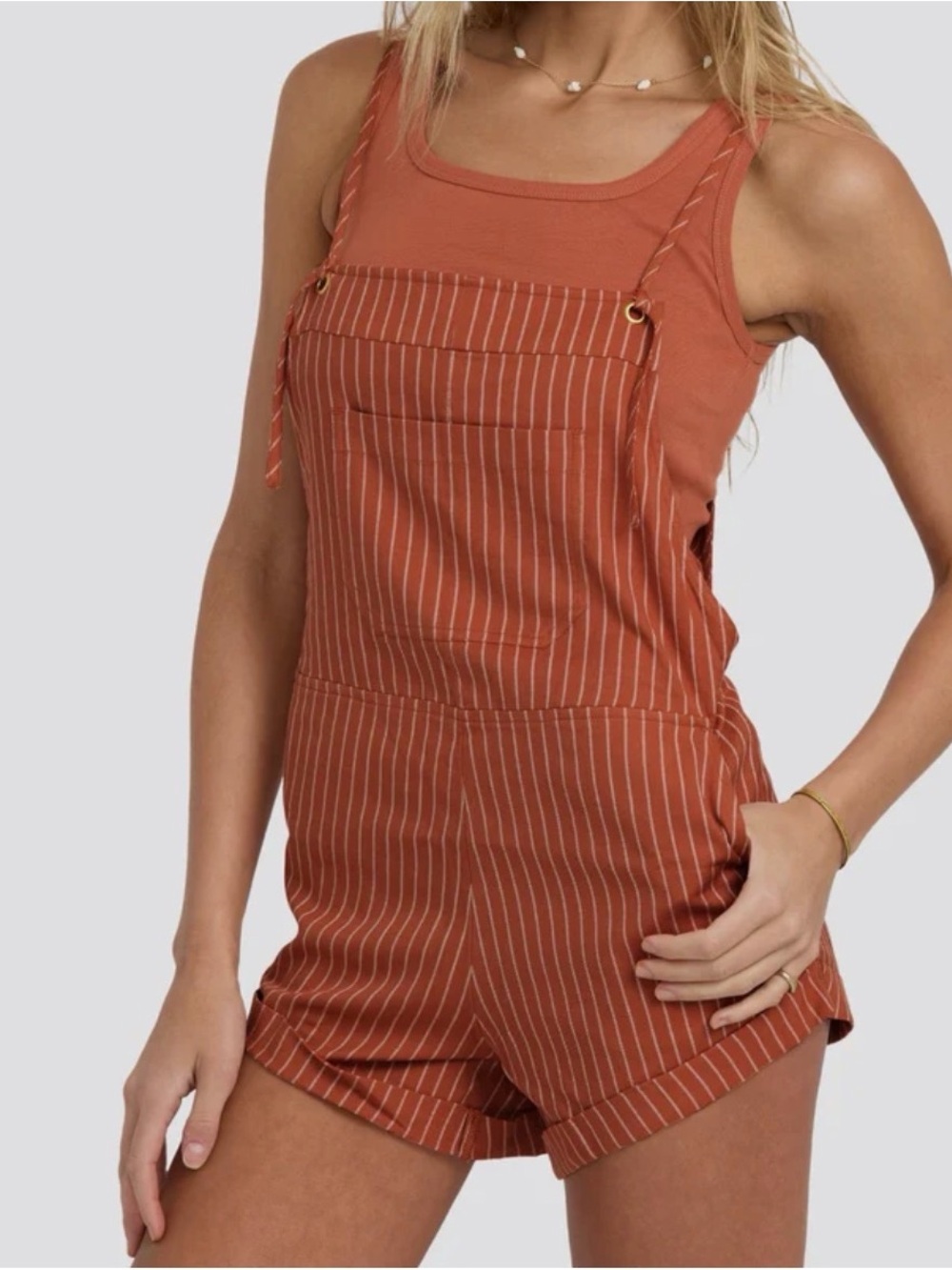 Zara Rust-Striped Short Overalls Romper
